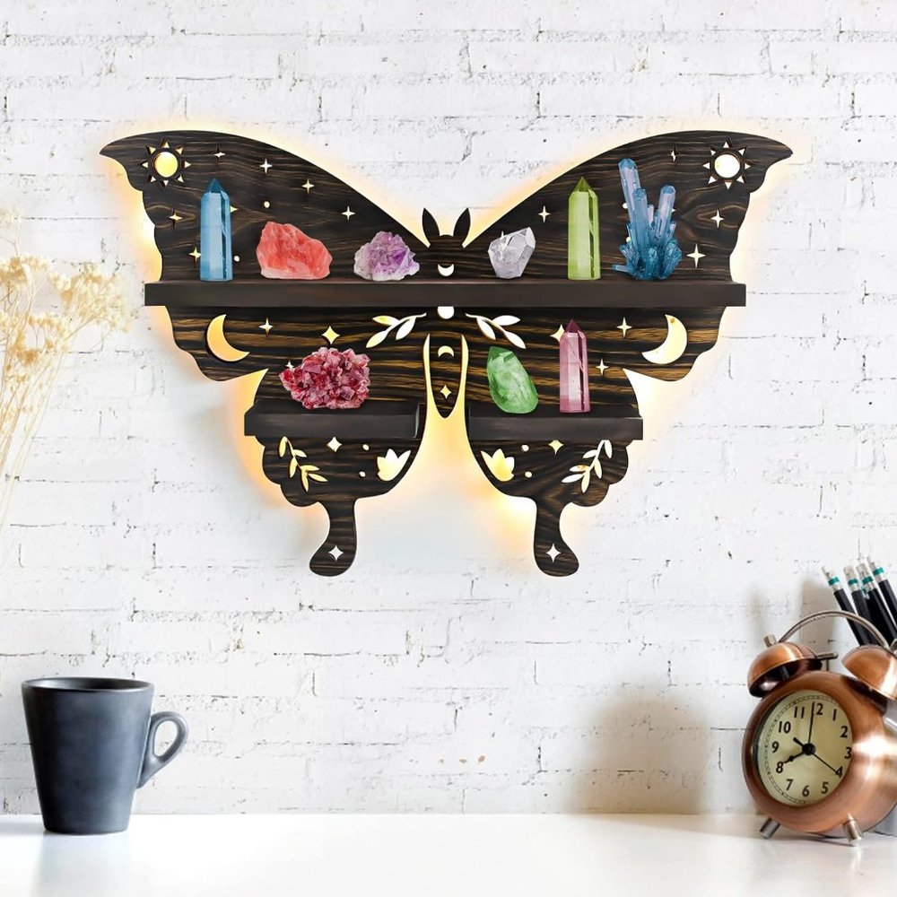 Crystal Shelf Display Rustic Wooden Lunar Moon Moth Butterfly Shelf NEW